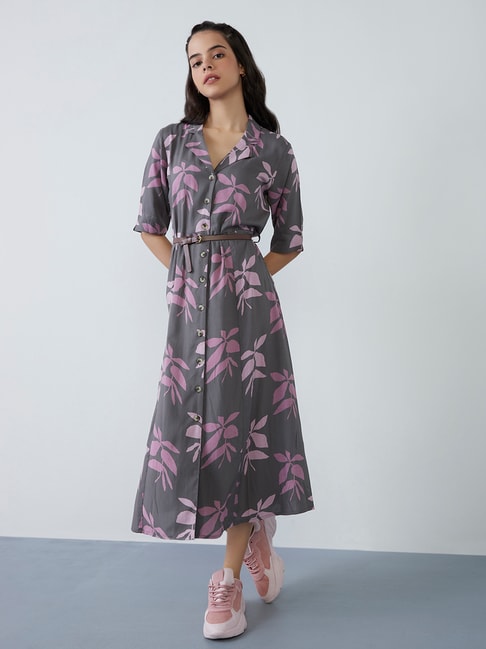 Bombay Paisley by Westside Dark Grey Floral Dress With Belt Price in India