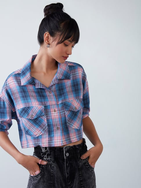 Nuon by Westside Blue Checkered Cropped Shirt Price in India