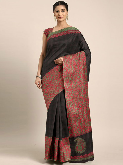 The Chennai Silks Black & Maroon Printed Saree With Unstitched Blouse Price in India