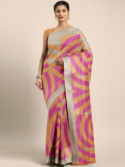 The Chennai Silks Peach & Pink Printed Saree With Unstitched Blouse Price in India