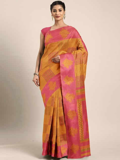 The Chennai Silks Yellow & Pink Printed Saree With Unstitched Blouse Price in India