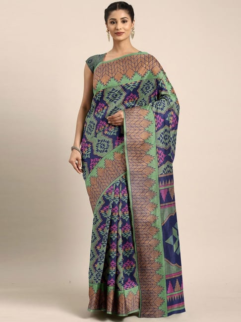 The Chennai Silks Navy & Green Printed Saree With Unstitched Blouse Price in India