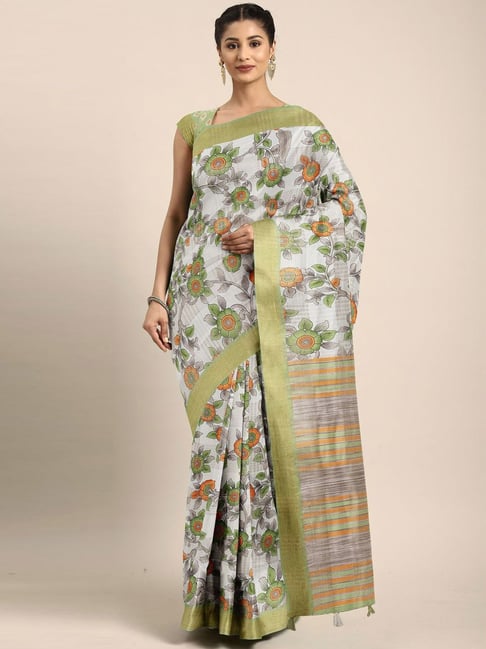 The Chennai Silks Off-White & Green Printed Saree With Unstitched Blouse Price in India