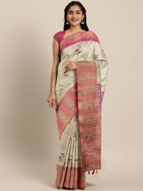 The Chennai Silks Beige & Pink Floral Print Saree With Unstitched Blouse Price in India
