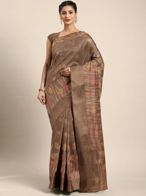 The Chennai Silks Brown Floral Print Saree With Unstitched Blouse Price in India