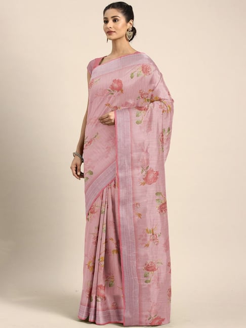 Buy The Chennai Silks Pink Floral Print Saree With Unstitched Blouse