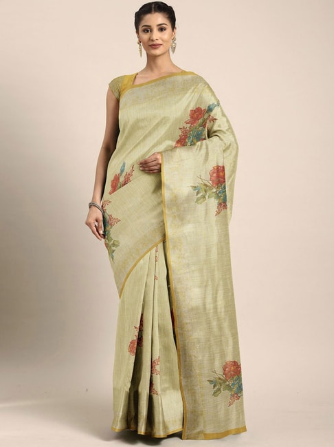 The Chennai Silks Yellow Floral Print Saree With Unstitched Blouse Price in India