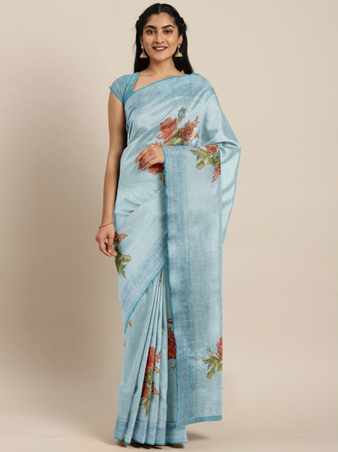 The Chennai Silks Blue Floral Print Saree With Unstitched Blouse Price in India