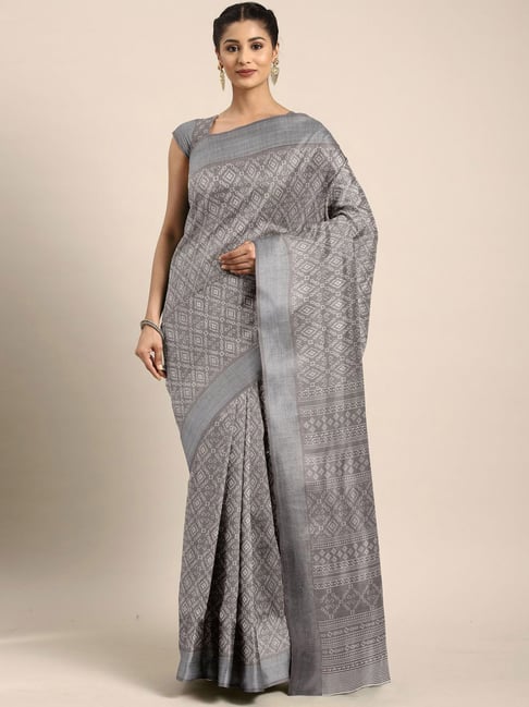 The Chennai Silks Grey Printed Saree With Unstitched Blouse Price in India