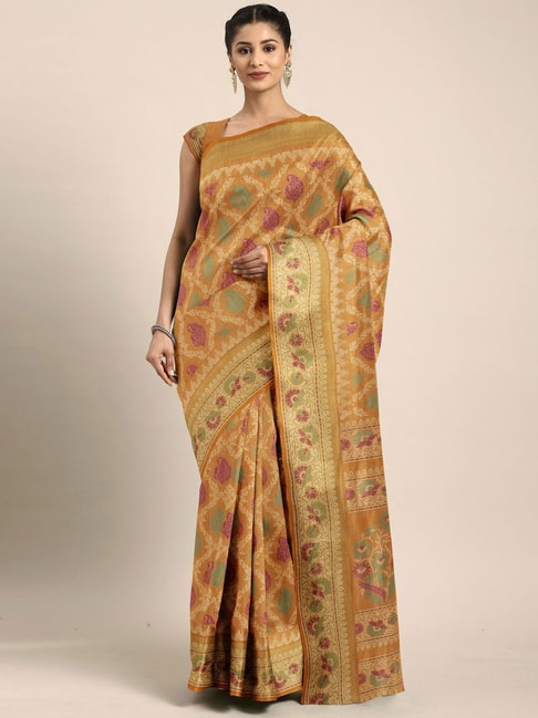 The Chennai Silks Mustard Floral Print Saree With Unstitched Blouse Price in India