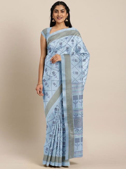 The Chennai Silks Blue Printed Saree With Unstitched Blouse Price in India