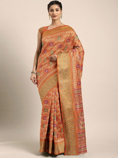 The Chennai Silks Orange Floral Print Saree With Unstitched Blouse Price in India