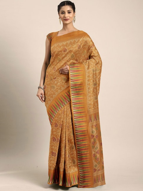 The Chennai Silks Mustard Floral Print Saree With Unstitched Blouse Price in India