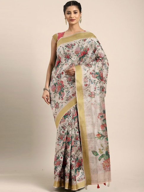 The Chennai Silks Cream Floral Print Saree With Unstitched Blouse Price in India