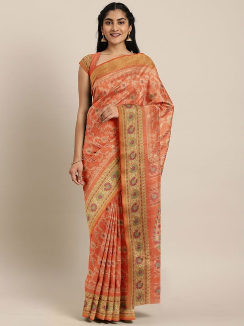 The Chennai Silks Orange Floral Print Saree With Unstitched Blouse Price in India