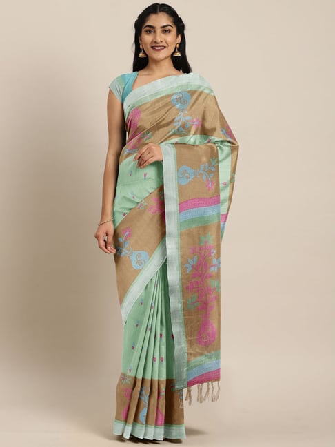 The Chennai Silks Green & Brown Printed Saree With Unstitched Blouse Price in India