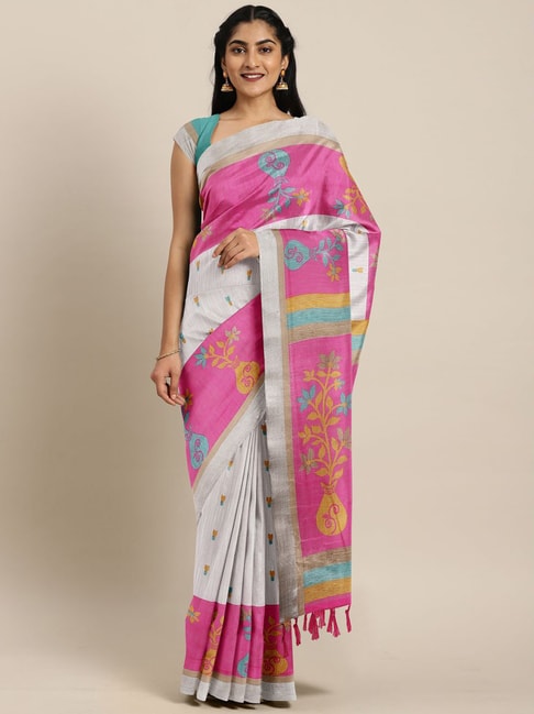 The Chennai Silks Off-White & Pink Printed Saree With Unstitched Blouse Price in India