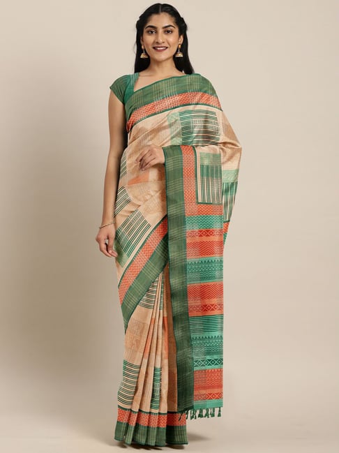 The Chennai Silks Peach & Green Printed Saree With Unstitched Blouse Price in India