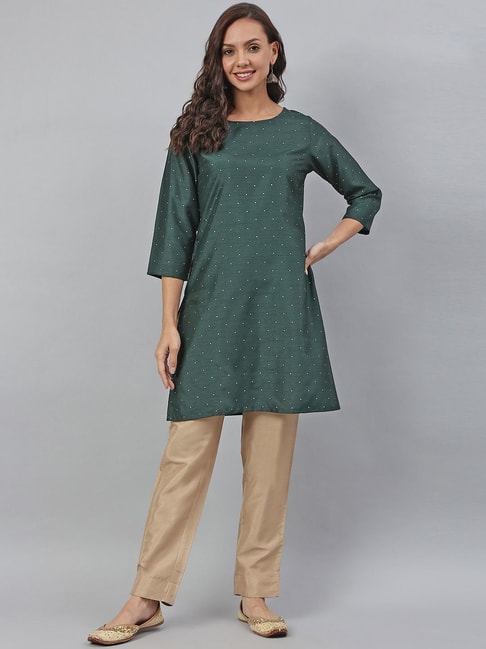 Janasya Green & Beige Printed Kurti Pant Set Price in India