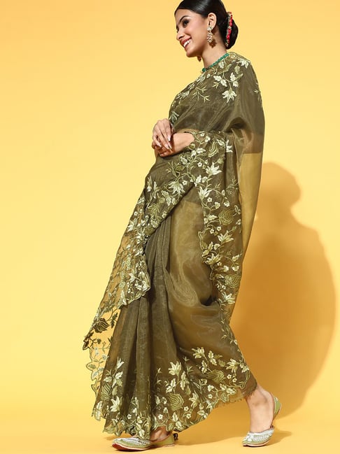 Saree Mall Olive Embroidered Saree With Unstitched Blouse Price in India