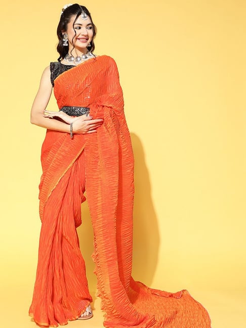 Orange Kanchipuram Silk Saree with Contrast Blue Blouse