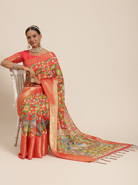 Saree Mall Red Printed Saree With Unstitched Blouse Price in India