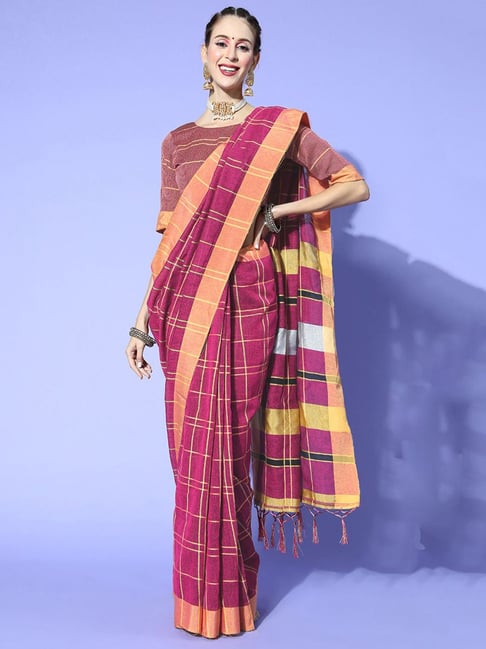 Saree Mall Magenta Linen Chequered Saree With Unstitched Blouse Price in India