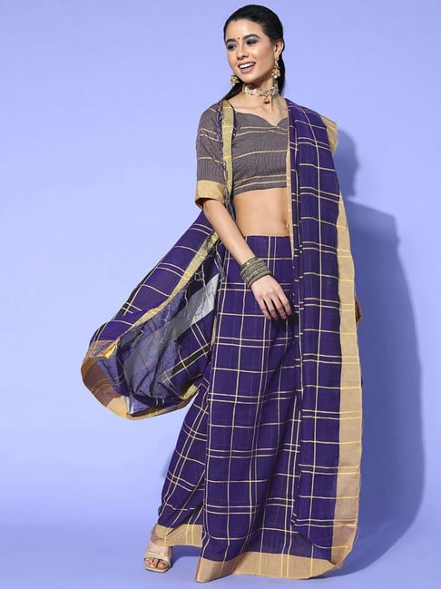 Saree Mall Purple Linen Chequered Saree With Unstitched Blouse Price in India
