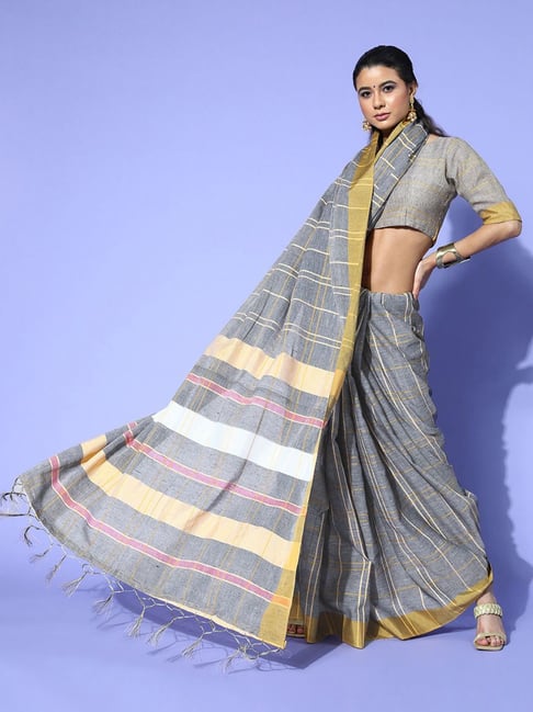 Saree Mall Grey Linen Chequered Saree With Unstitched Blouse Price in India