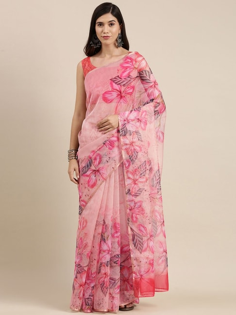 Saree Mall Pink Floral Print Saree With Unstitched Blouse Price in India