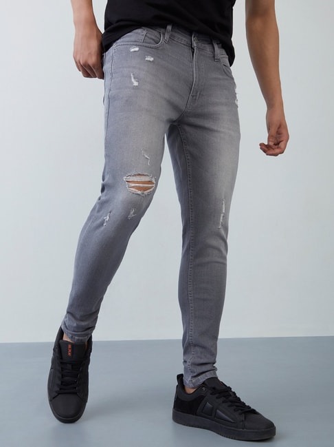 Buy Nuon by Westside Grey Distressed Rodeo-Crop Jeans Online at best ...