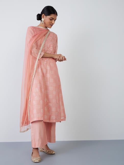 Vark by Westside Peach A-Line Kurta, Palazzos and Dupatta Price in India