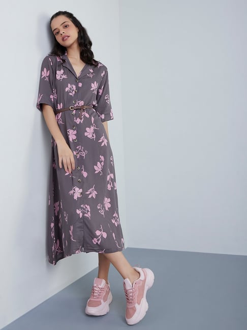 Bombay Paisley by Westside Grey Floral Shirtdress With Belt Price in India