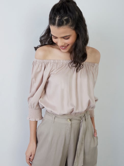 Bombay Paisley by Westside Taupe Smocked Waist Crop-Top Price in India