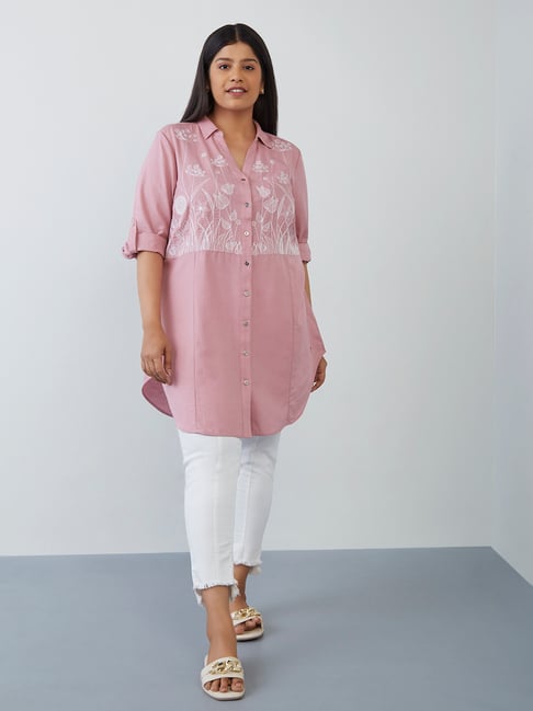 Gia Curves by Westside Light Mauve Floral-Embroidered Tunic Price in India