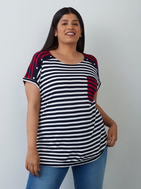 Gia Curves by Westside Navy Striped T-Shirt Price in India