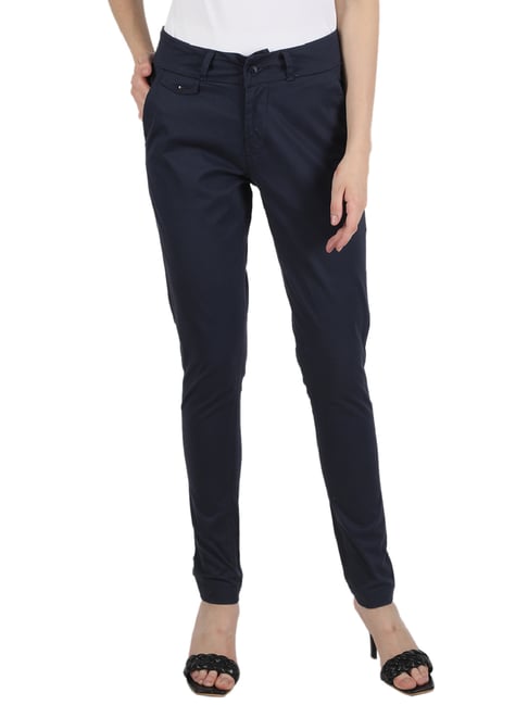 Buy Monte Carlo Navy Slim Fit Flat Front Trousers for Women's