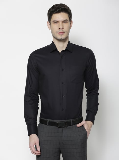 Blackberrys Black Cotton Slim Fit Self Pattern Shirt