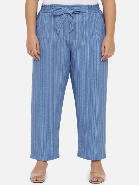 Light Blue striped high waisted pleated Women Trousers | Sumissura