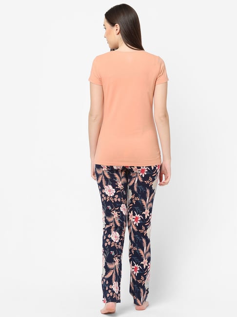 Buy Sweet Dreams Peach & Navy Floral Print T-Shirt With Pyjamas