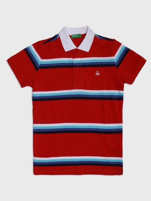 United Colors of Benetton Kids Red Cotton Striped Polo T-Shirt