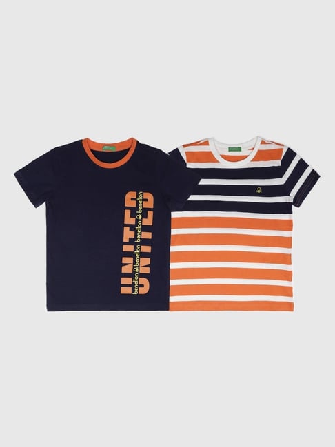 United Colors of Benetton Kids Navy Blue & Orange Cotton Striped T-Shirt