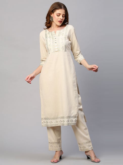 Fashor Beige Cotton Flex Printed Kurta Bottom Set Price in India