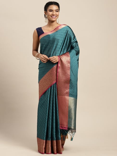 Mimosa Teal Blue Silk Woven Saree With Unstitched Blouse