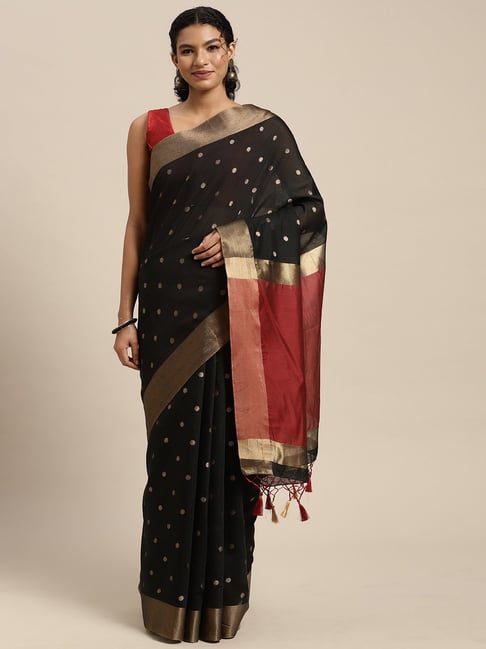 Mimosa Black Silk Polka Dots Saree With Unstitched Blouse