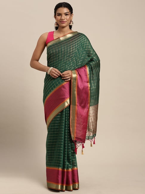 Mimosa Green Silk Chequered Saree With Unstitched Blouse Price in India