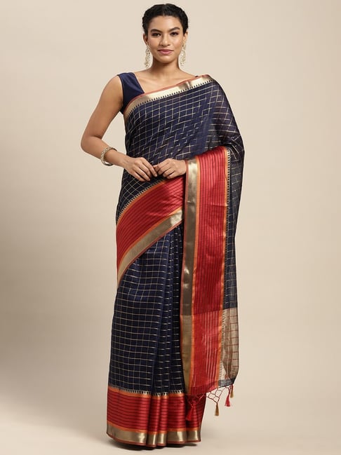 Mimosa Navy Silk Chequered Saree With Unstitched Blouse Price in India