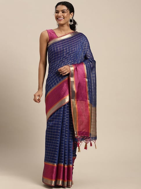 Mimosa Blue Silk Chequered Saree With Unstitched Blouse Price in India
