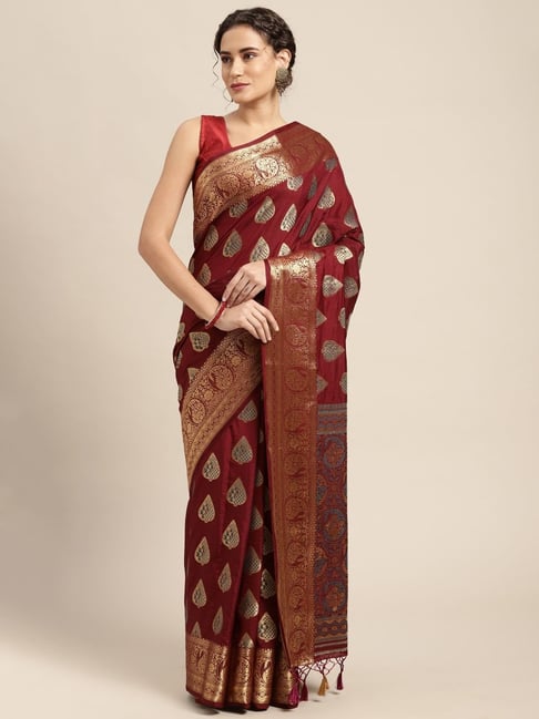 Mimosa Maroon Silk Woven Saree With Unstitched Blouse