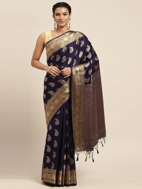 Mimosa Navy Silk Woven Saree With Unstitched Blouse Price in India